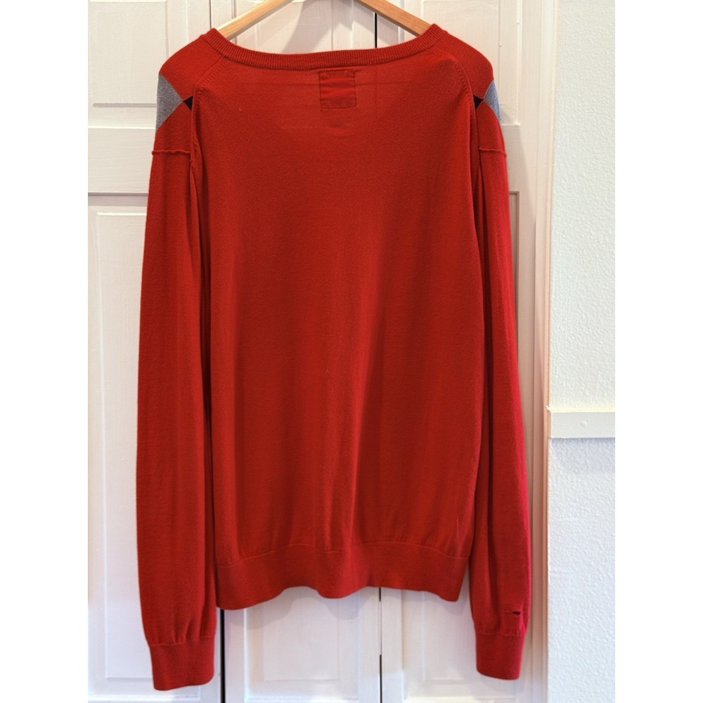 VTG 90s Express Men XL‎ Red/Black/Gray Argyle V-Neck Sweater Cotton Retro Preppy - Picture 2 of 5